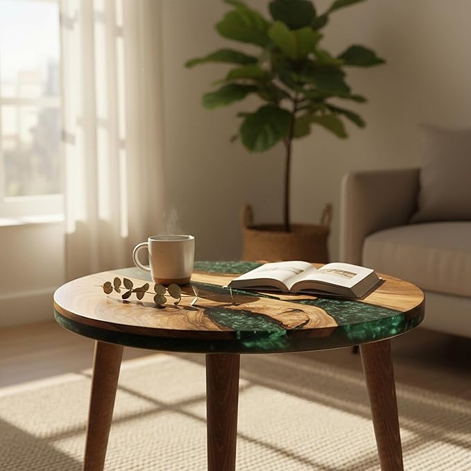 20" Resin Walnut Round Side Table | Epoxy End Table | Coffee Table | Mid Century Modern Resin Walnut | Living Room Furniture | Green Color
