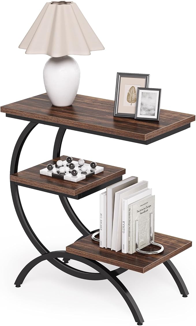 LITTLE TREE End Table Set 2, Narrow End Table with 3 Storage Shelves, Industrial C-Shaped Small Sofa Side Table for Living Room, Wood Slim Snack Table with Black Metal Frame, Rustic Brown