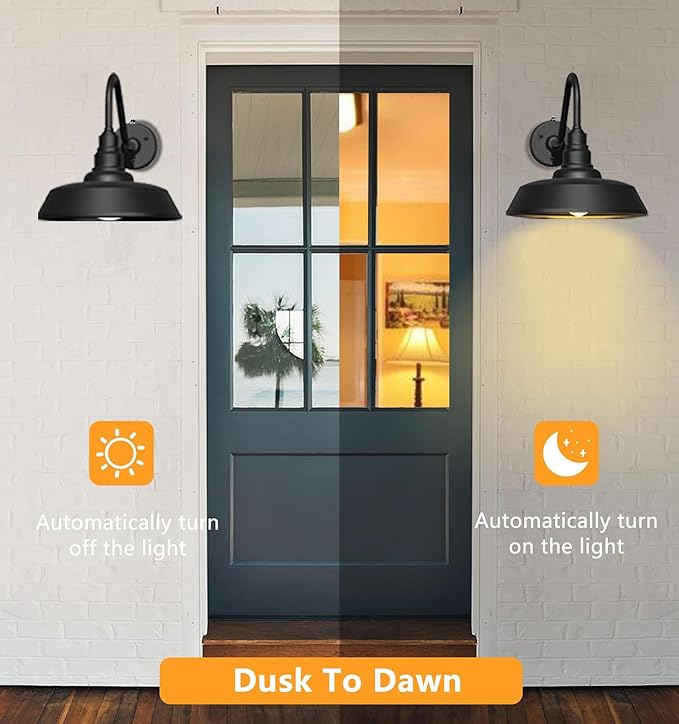 24 Inch Large Gooseneck Barn Light Outdoor Lights 2-Pack, Vintage Exterior Black Barn Light with Dusk to Dawn Sensor for Farmhouse, Porch, Patio, Gooseneck Lighting…