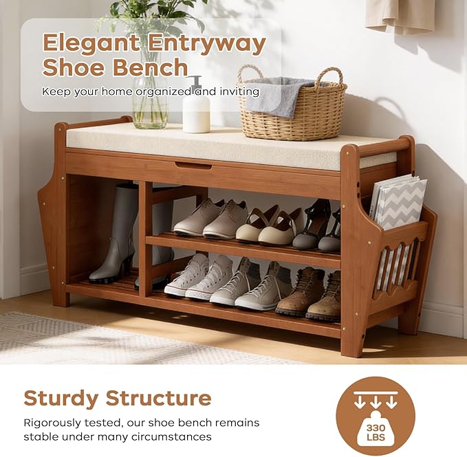 47.2in Shoe Bench Entryway - Bamboo Shoe Rack Bench with Storage, Shoe Rack Organizer with Cushion, 2 Side Holder, Holds Up tp 330lbs for Front Door Entrance, Living Room
