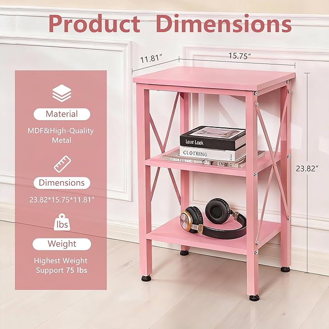 VECELO End Table, Nightstand, 24" Tall Living Room Side Tables, X-Design Reinforced Bedside Table, Nightstands with 3-Tier Storage Shelves for Small Spaces, Office, Bathroom, Bedroom, Pink