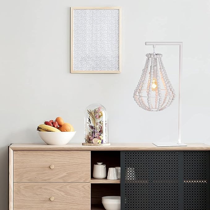 Boho Table Lamp for Bedroom, Wood Beaded Bedside Lamp, 1-Light, Farmhouse Desk Lamp, White Standing Lamp, Plug in Night Light for Night Table, Living Room