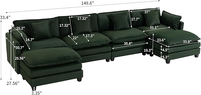 Eafurn 150" Oversized Modular Sectional Sofa with Movable Ottomans, 6 Seat Modern Corduroy Sofa Set, Convertible U/L Shaped Corner Couch for Living Room Apartment