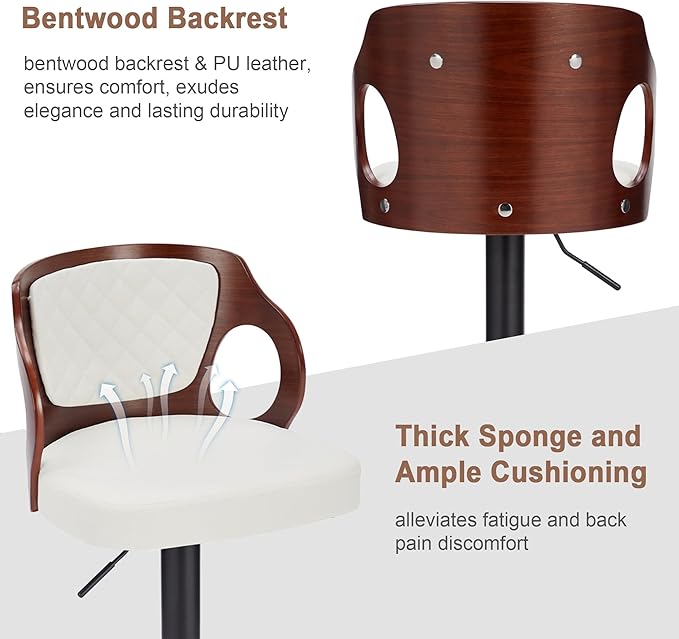 VECELO BarStools Set of 2,Counter Height Stools with Bentwood Back&Arm, Swivel Barstools,PU Leather Kitchen Island Stools, Adjustable Height Bar Chairs for Club Pub Dining Room,White