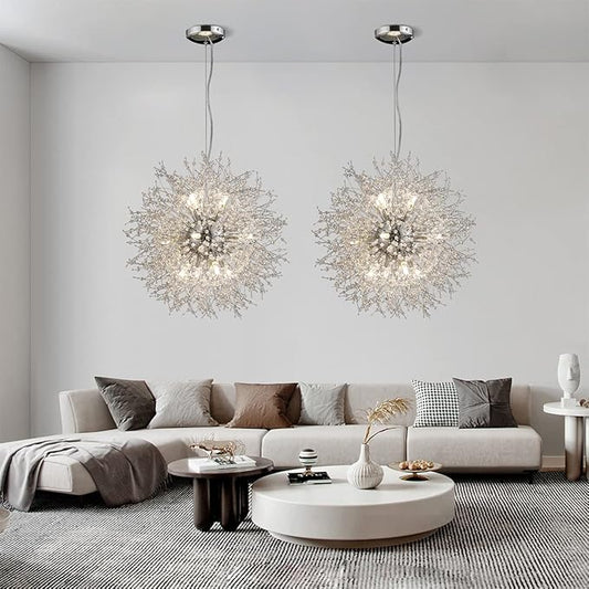 Modern Crystal Chandeliers Firework, 12-Light Chrome Stainless Steel Sputnik Chandelier, 21.6" Dandelion Pendant Ceiling Light Fixture for Bedroom Dining Room