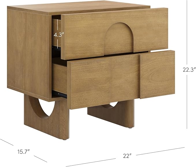 Nathan James Jett Mid Century Modern Nightstand, Wooden Bedside Table with Drawers and Arched Door Cutout, Light Brown