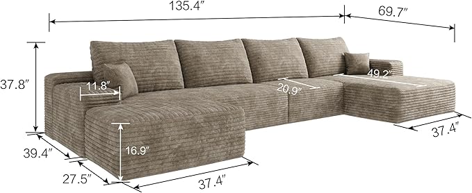 135.4" Oversized U Shaped Modular Sectional Sofa Cloud Couch with Chaise Lounge and Movable Ottoman, Fluffy Corduroy Upholstered Boneless Sofa Deep Seat Couches w/Pillows for Living Room Apartment
