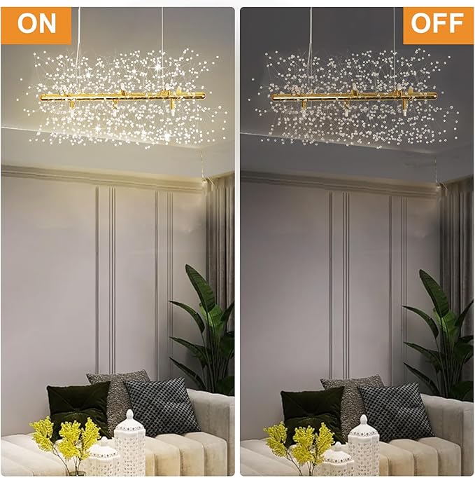 Depuley 27.5" Modern Gold Crystal Firework Chandelier, 9-Light Crystal Light Fixture Hanging, Linear Dandelion Chandelier, Sputnik Ceiling Pendant Light Fixtures for Dining Room(G9 Bulbs Included)