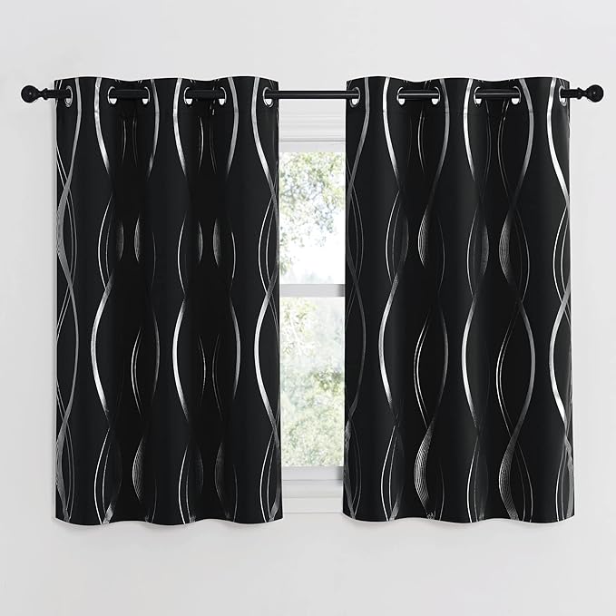 NICETOWN Black Out Curtains for Small Window, 2 Panels, 34 inches Wide by 45 inches Long, Foil Printed Wave Lines Thermal Insulated Blackout Panels/Drapes for Bedroom Kitchen Loft Cafe