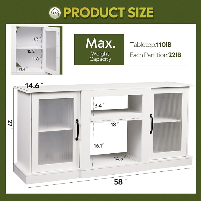 WLIVE Farmhouse TV Stand for 65 inch TV, 58" Entertainment Center with Storage Cabinets, Open Shelves TV Console for Living Room and Bedroom, White