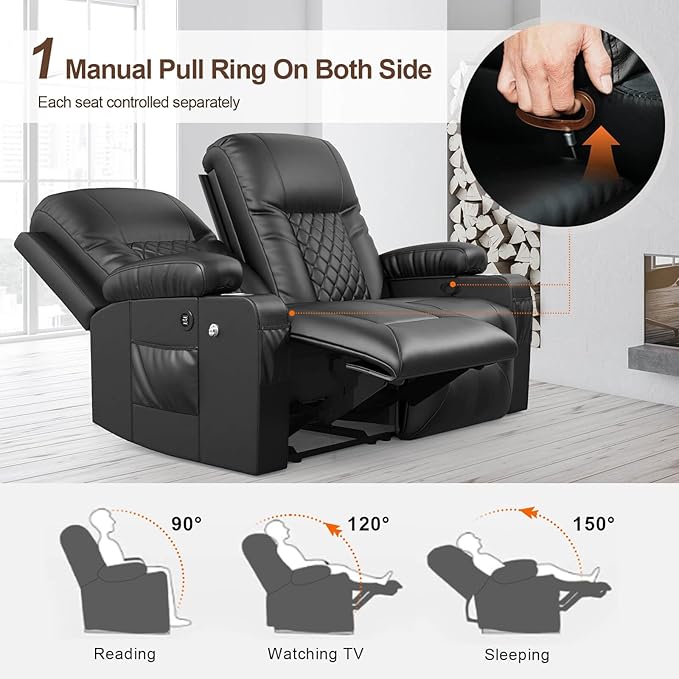 FURNIMAT Loveseat Recliner Sofa, 2 Seater Reclining Loveseat sofa, PU Leather RV Loveseat Couch, FSC Certified Recliner Chair for Living Room, with Cup Holder and 2 Cell Phone Holder, USB Ports, Black