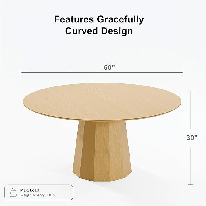 Casaphoria 60" Round Dining Table, Modern Wood Kitchen Table with Cone Shaped Strip Polygonal Base for Living Room & Dining Room, Easy Assembly Farmhouse Furniture for 4-6, Oak