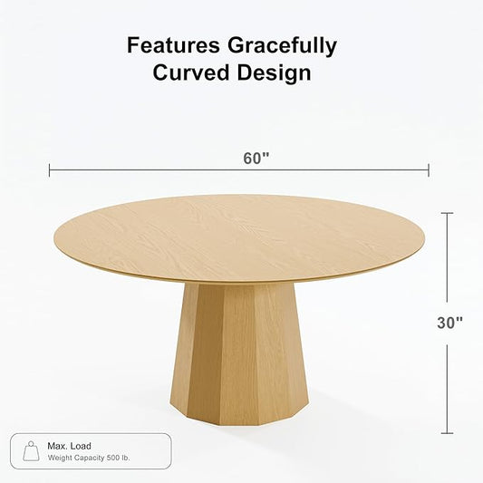 Casaphoria 60" Round Dining Table, Modern Wood Kitchen Table with Cone Shaped Strip Polygonal Base for Living Room & Dining Room, Easy Assembly Farmhouse Furniture for 4-6, Oak