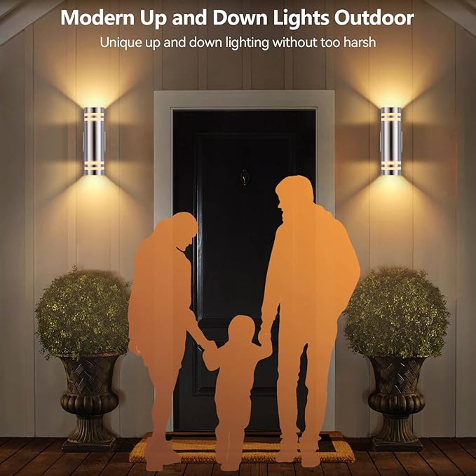 RAYVO Dusk to Dawn Outdoor Wall Light, Up Down Stainless Steel Exterior Light Fixture with Photocell Sensor, Waterproof Outdoor Sconce Lights for House Porch Garage Patio, LED Bulbs Included