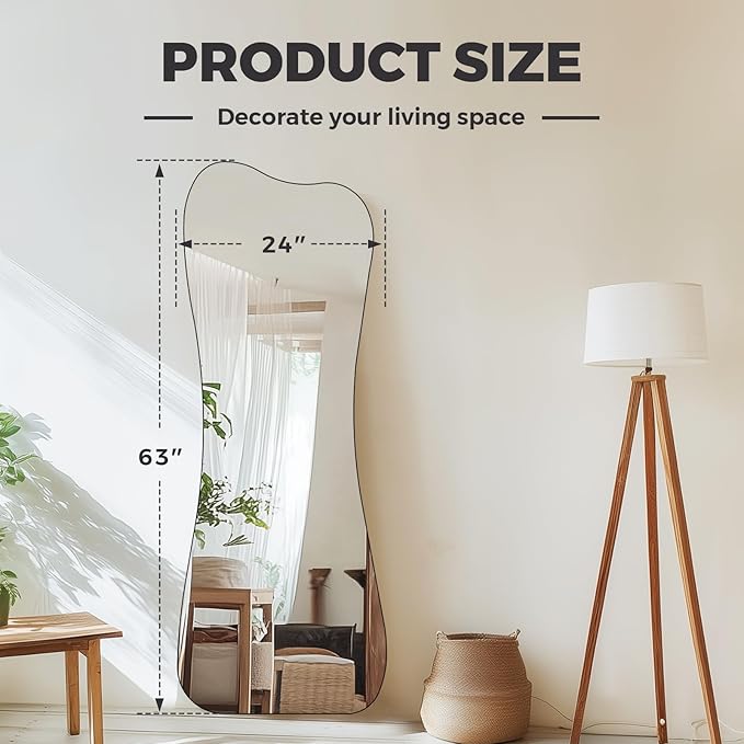 QDSSDECO Full Length Mirror with Bracket 63"x24" Irregular Wall Mirror Vase Frameless for Living Room Bathroom Bedroom Entryway Decor