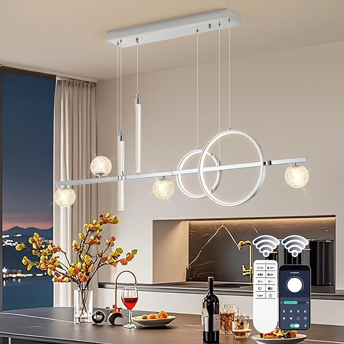 Modern LED Pendant Lights, Dimmable 47in Silver LED Chandelier Lighting, Upgraded Chrome Linear Dining Room Hanging Light Fixtures Kitchen Island Globe Pendant Light for Dining Table (4200lm)