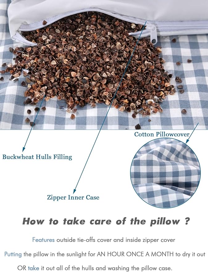Upgrade Buckwheat Hull Pillow, Small Size Cervical Neck Pillow with Pillowcase, Back Support for Side Sleeper Sleeping or As a Neck Pain Pillows(20x11 Inches, Blue)