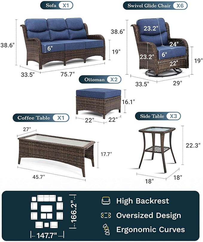 High Back Outdoor Furniture with Extra Thick Cushion Patio Swivel Rocking Chairs, Comfort 3-Seat Sofa, 13PCS Oversized Wicker Conversation Set for Porch, Deck, Yard in Blue
