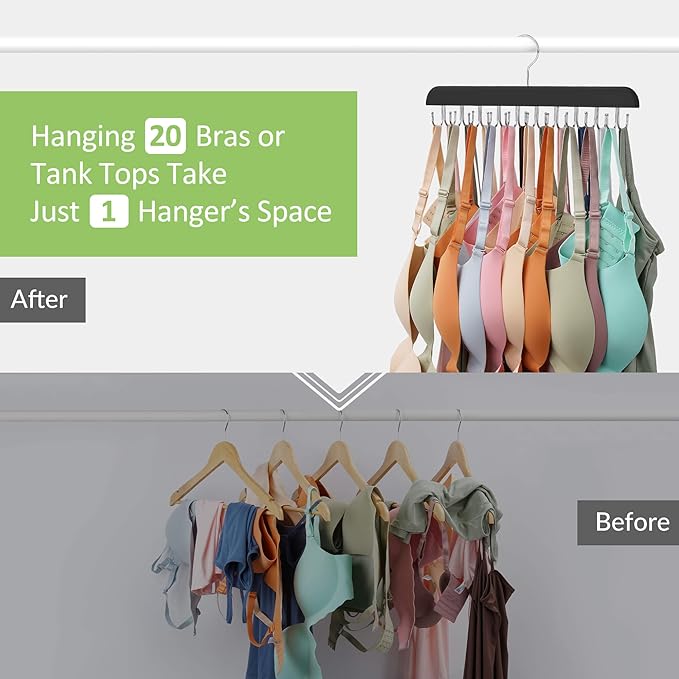 Bra Hanger for Closet, Tank Top Hanger 20 Hooks Capacity Sturdy Wood Space Saving Hanger Sport Bras Holder, Closet Organizers and Storage, Black 1 Pack