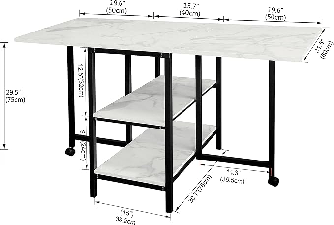 AT-VALY Folding Dining Table with 2 Storage Open Shelf,Drop Leaf Extension Dining Table,Top Folding 15.7" to 55.1" Kitchen Table (Black)