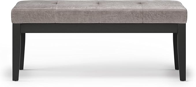 SIMPLIHOME Lacey Tufted Ottoman Bench - 41 inch Wide Upholstered Vegan Leather Rectangle Ottoman in Distressed Grey Taupe, Contemporary Bench for Bedroom or Entryway with Stitching Detail, Assembled