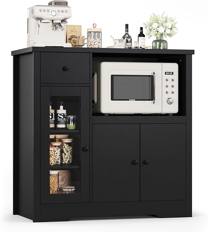 GarveeHome Kitchen Microwave Cabinet with Storage and Drawers, Modern Small Buffet Cabinet with Glass Doors and Adjustable Shelf, Wooden Sideboard with Wide Top for Dining Room, Living Room, Black