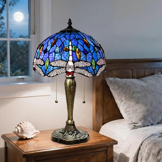 Small Tiffany Table Lamp, Blue Dragonfly Stained Glass Lamp,12 Inch Tiffany Style Lamp for Bedroom Living Room Home, Handcrafted Light, Included Bulb