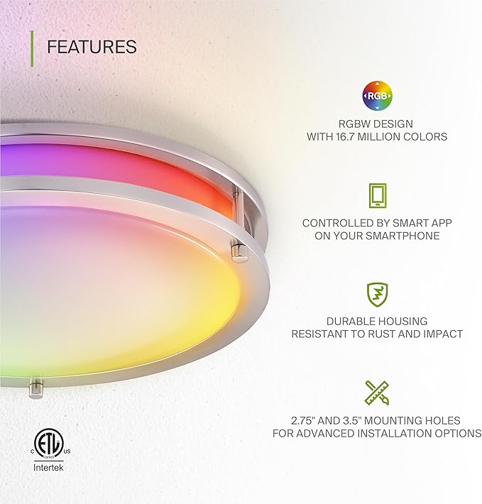ASD LED 14" Round Flush Mount Lighting, Close to Ceiling Light Fixture | Smart, Multicolor, Dimmable, ETL Listed | 21W 1429LM RGB-2700-6500K 120V | Low Profile Double Ring Lamp | Nickel