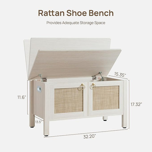 SICOTAS Rattan Shoe Bench - 2 Pieces Farmhouse Shoe Organizer Bench with Lift Top Storage and Hidden Cabinet, Boho Shoe Rack Cabinet for Entryway, Hallway, Bedroom (White Cream Oak)