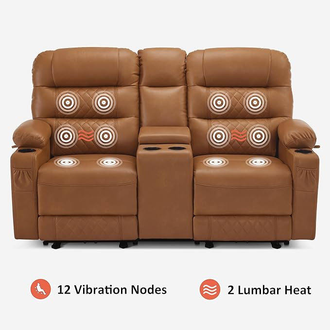MCombo Zero Gravity Power Loveseat Recliner with Console, Heat and Vibration Massage, Reclining Loveseat Sofa with USB Ports, Cup Holders for Living Room, Faux Leather PR622Sets (Saddle)