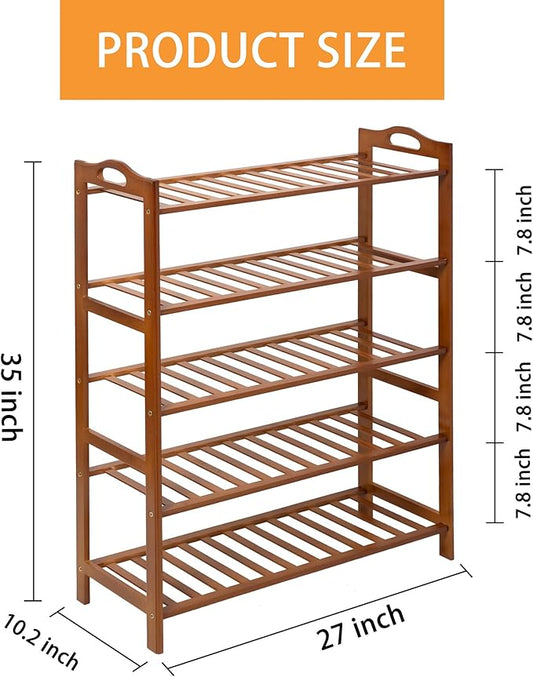 5 Tier Bamboo Shoe Rack, Free Standing Shoes Rack Shoe Shelf Shoe Organizer for Closet, Entryway, Bedroom, Living Room, Front Door, Studio, Bathroom