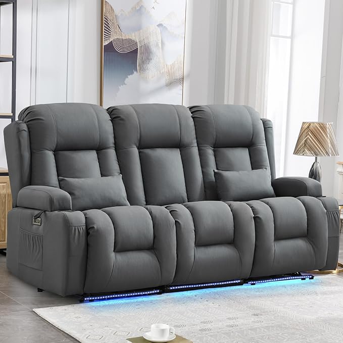IPKIG Power Recliner Sofa with Flip-Up Backrest Console, USB & USB-C Ports, AC Outlet, LED Lights, Wall Hugger Recliners for Living Room, RV (Light Blue, 76.8" - 3 Seat) | Leathaire Fabric, Zero Gravity, Dual Reclining, 2 Lumabr Pillow