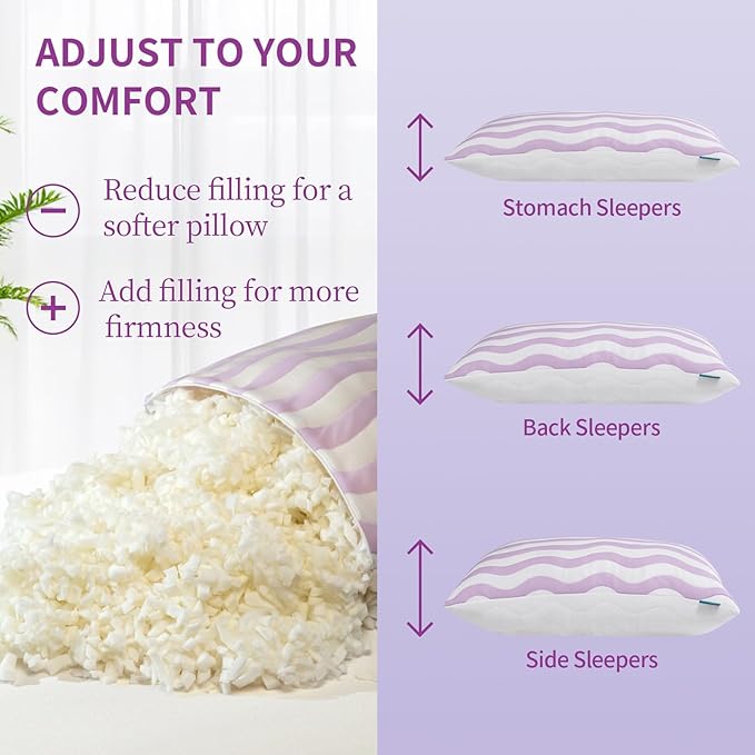 Pillows Standard Size Set of 2 - Cooling Shredded Memory Foam Bed Pillows for Sleeping, Adjustable Loft for Side, Back, and Stomach Sleepers, Medium Firm Support with Washable Cover, Mauve