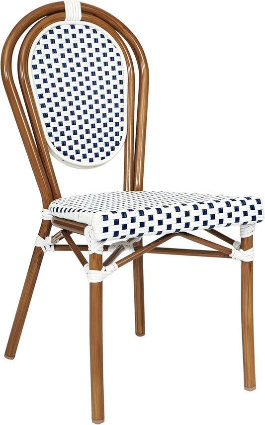 Flash Furniture Lourdes Indoor/Outdoor Commercial Thonet Bistro Stack Chair - White/Navy PE Rattan Back and Seat - Natural Bamboo Print Metal Frame