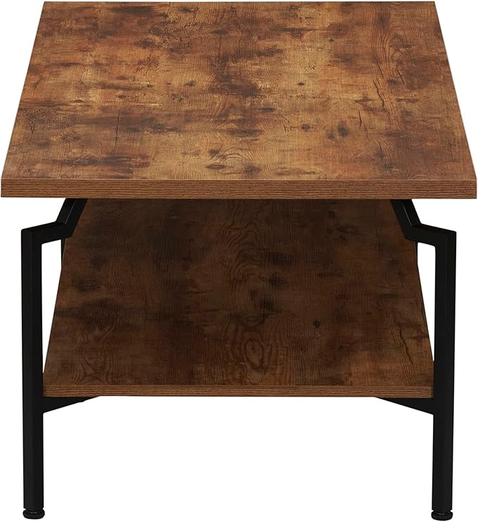 Household Essentials Crown Rectangular Coffee Table with Storage Shelf Rustic Hickory Wood Grain and Black Metal