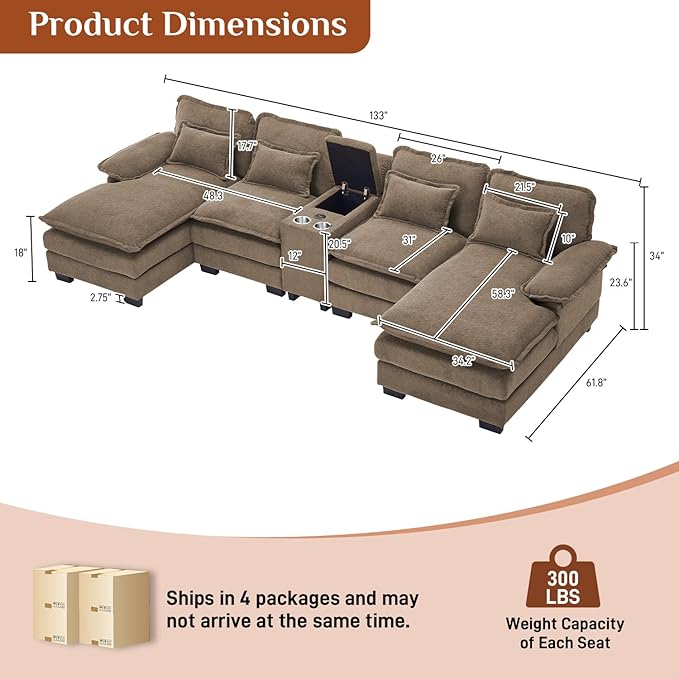 133" Oversized U Shaped Cloud Couch Modular Sectional Couches for Living Room Comfy Chenille Deep Seat Sofa Set with Double Chaise Lounge, Storage Central Console, Cup Holders, USB Port, Brown