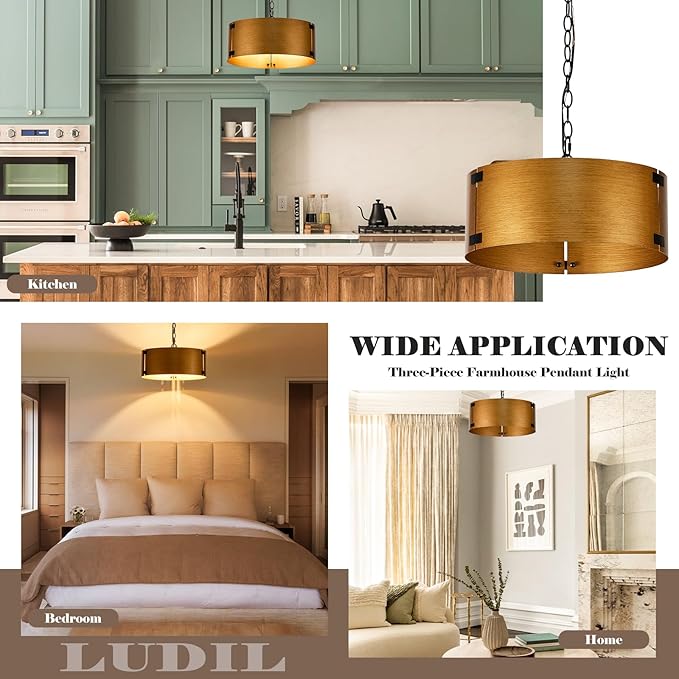 16" Drum Chandelier for Dining Room, E26 Modern Farmhouse Chandelier, 3-Light Golden Bronze Finish Vintage Chandelier Light Fixtures for Kitchen Foyer Entryway Bedroom