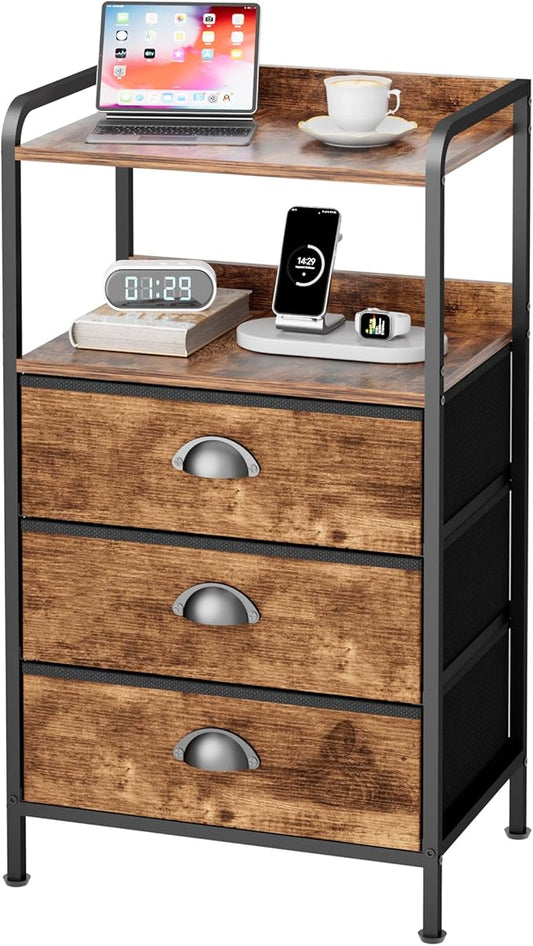 Night Stand with 3 Fabric Drawer and Sturdy Metal Frame, Modern Side Table Lightweight & Durable -55LB Load Capacity, Wear-Resistant & Easy-Clean Surface,Rustic Brown