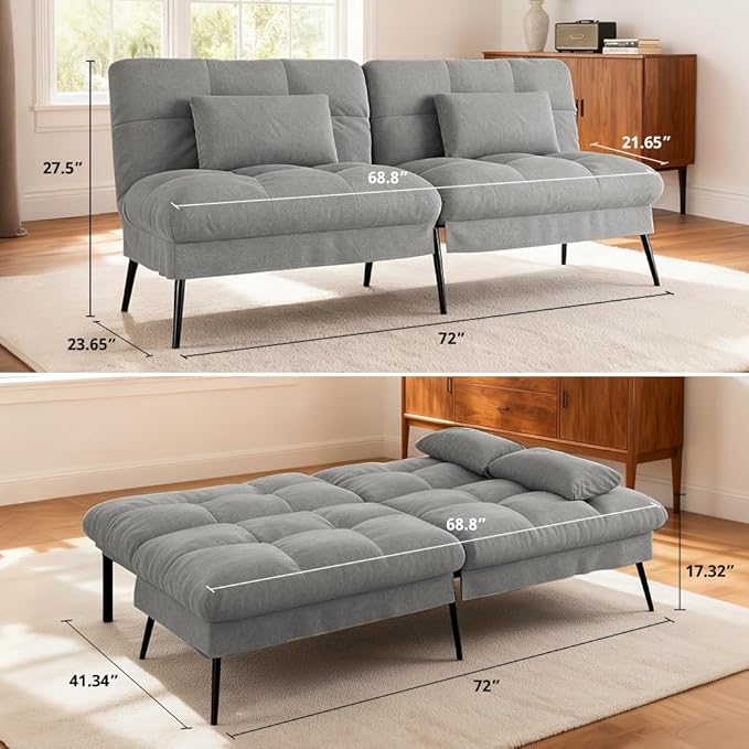 COMHOMA Convertible Futon Sofa Bed, 72″Fabric Futons Couch with Adjustable Backrest, Folding Sleeper Recliner for Living Room Furniture (Grey)