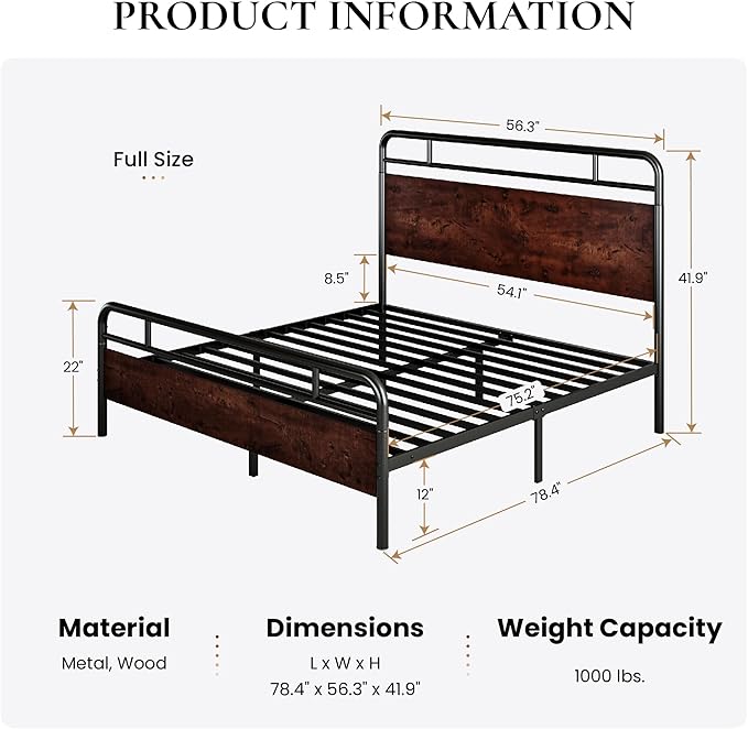 SHA CERLIN Full Size Bed Frame with Wooden Headboard and Footboard, Rounded Corner Metal Structure, Heavy Duty Slats with Under-Bed Storage, No Box Spring Needed, Mahogany