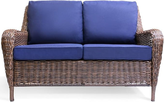 Cambridge Outdoor Wicker Loveseat Sofa, All-Weather HDPE Rattan Patio Sofa w/Cushions, Classic Farmhouse Hand-Woven Furniture for Porch Patio Backyard, Midnight Navy Blue | Durable Wicker Frame, Breathable Fabric, High-Density Cushion