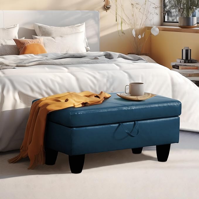 Ottoman Rectangular Storage Ottoman Bench, Faux Leather Footrest, Coffee Table, Stool Footstool with Hinged Lid for Living Room, Bedroom, Entryway, Navy Blue, 28.5"x19"x17.5"