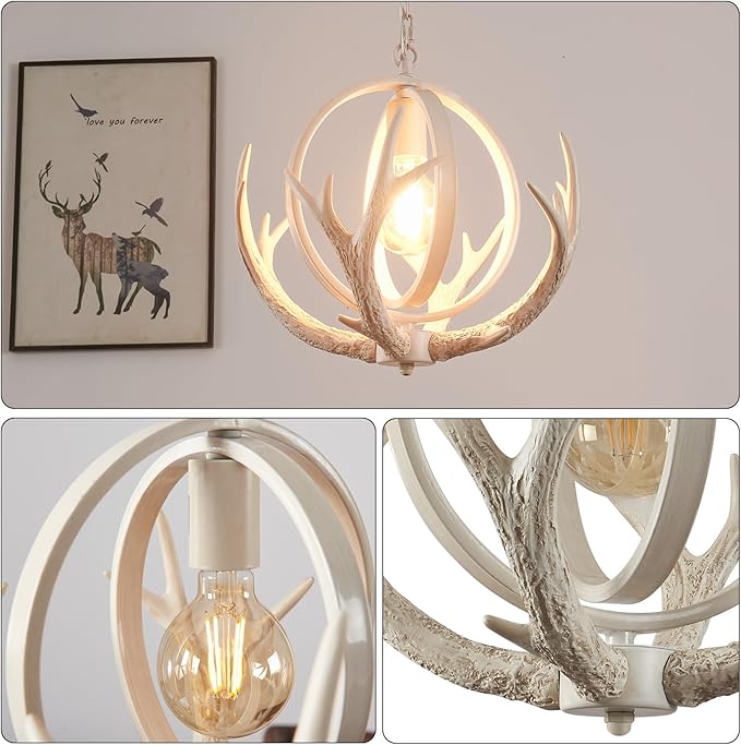 Rustic Antler Chandelier Dining for Dining Room, Unique Design Farmhosue 4 Antlers Chandeliers with Retro Globe Frame Antler Light Fixtures for Living Room Kitchen Foyer(Antique White)