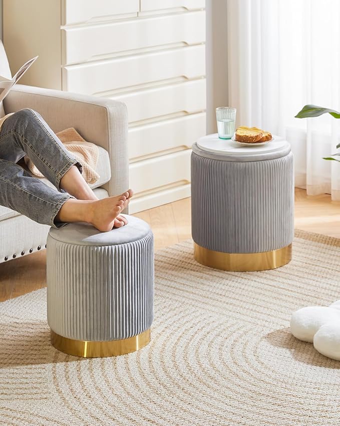 IBUYKE Round Storage Ottoman Set of 2 Ottoman for Dorm Vanity Stool with Storage Velvet FootStools End Table Boucle Ottoman for Home Organization Gray UWBD016G