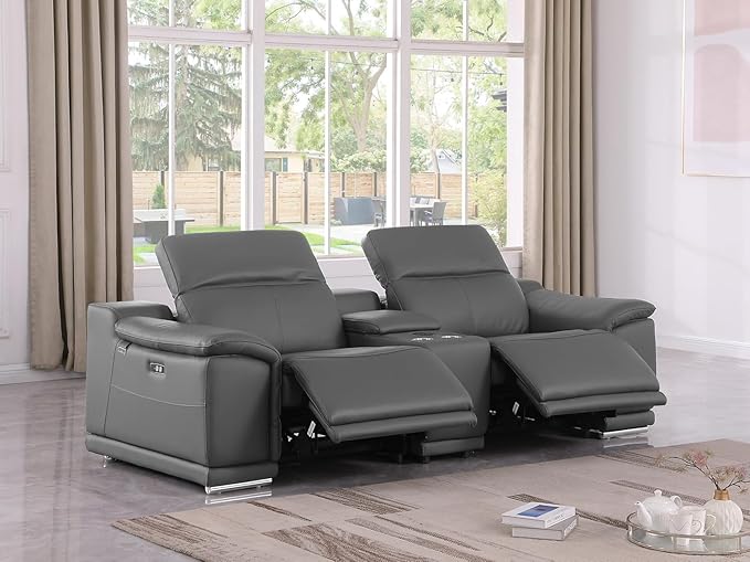 BlackJack Furniture Venice Top Grain Italian Leather Power Recline Loveseat Sofa - 93" Theater Seating Modern Couch for Living Room Apartment Home with Adjustable Headrests & USB Port, Dark Grey