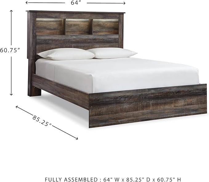 Signature Design by Ashley Drystan Rustic Queen Bookcase Bed with Open Cubbies and LED Lights, Foundation or Box Spring Needed, Dark Brown & Gray