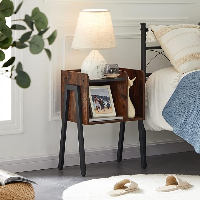 VECELO Nightstand Industrial Side End Table/Stackable Accent Furniture with 2-Tier Open Storage Compartments for Bedroom, Living Room and Small Spaces
