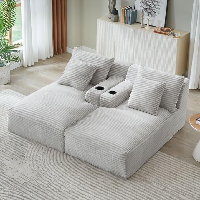 Eafurn Oversized Double Chaise Lounge Indoor with Cup Holders & Side Pocket, 71" Plush Corduroy Boneless Chaise Lounge Sofa with High Density Sponge & Deep High Seat Comfy Sleeper Couch Bed | Breathable material, No Assembly, 52" Deep Seat, 19.7" High ...