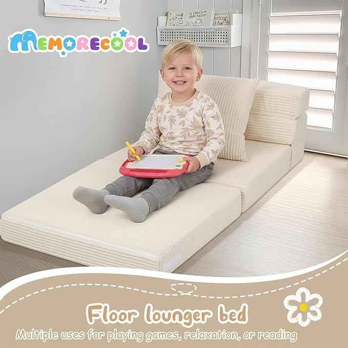 MeMoreCool Folding Sofa for Kids, Corduroy Fold Out Futon Chair, Small Foldable Floor Mattress, Portable Children Couch Sofa, Beige