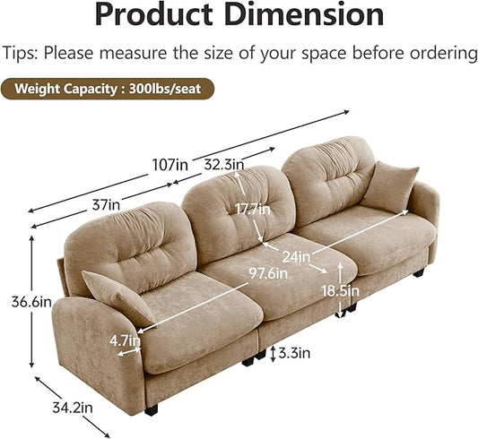 KEIKI 107" Oversized Chenille Modular Sectional Sofa with High-Density Foam Cushion and Tufted Pleated Cushion Backrest, Upholstered Modern 3-Seater Cloud Couch with 2 Pillow, for Living Room, Camel